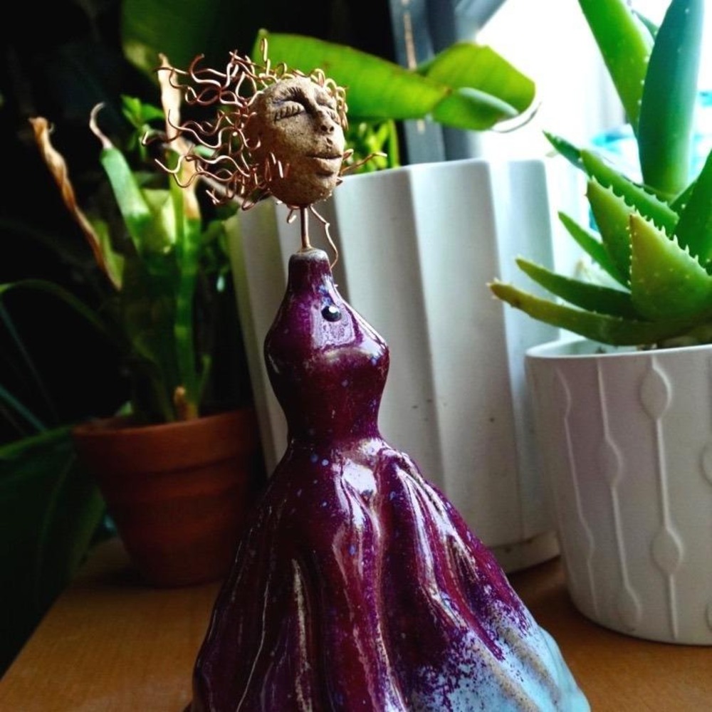 Mabel Ceramic Woman Sculpture with Copper Wire Hair, Handmade Pottery Figurine
